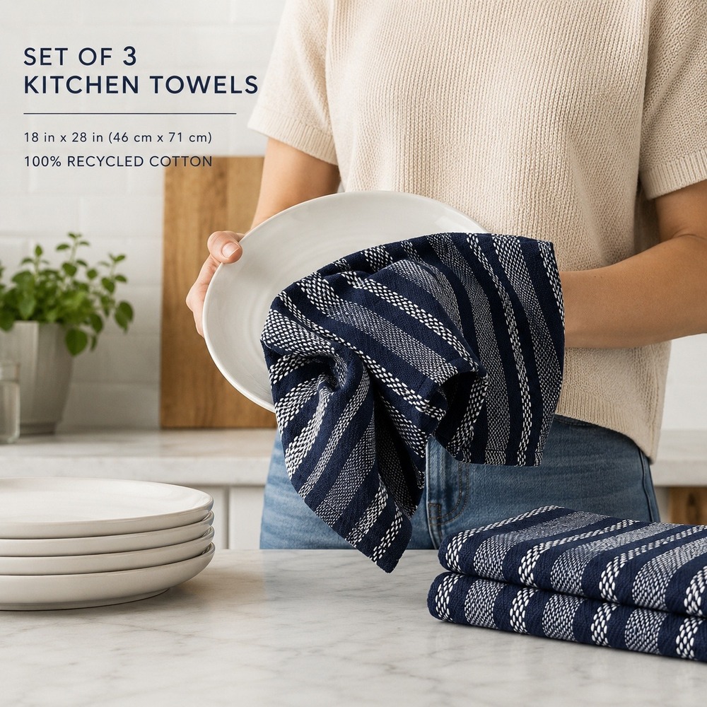 HOMEWEAR Navy Blue White Striped Kitchen Towels Set of 3‎ Recycled Cotton 18x28